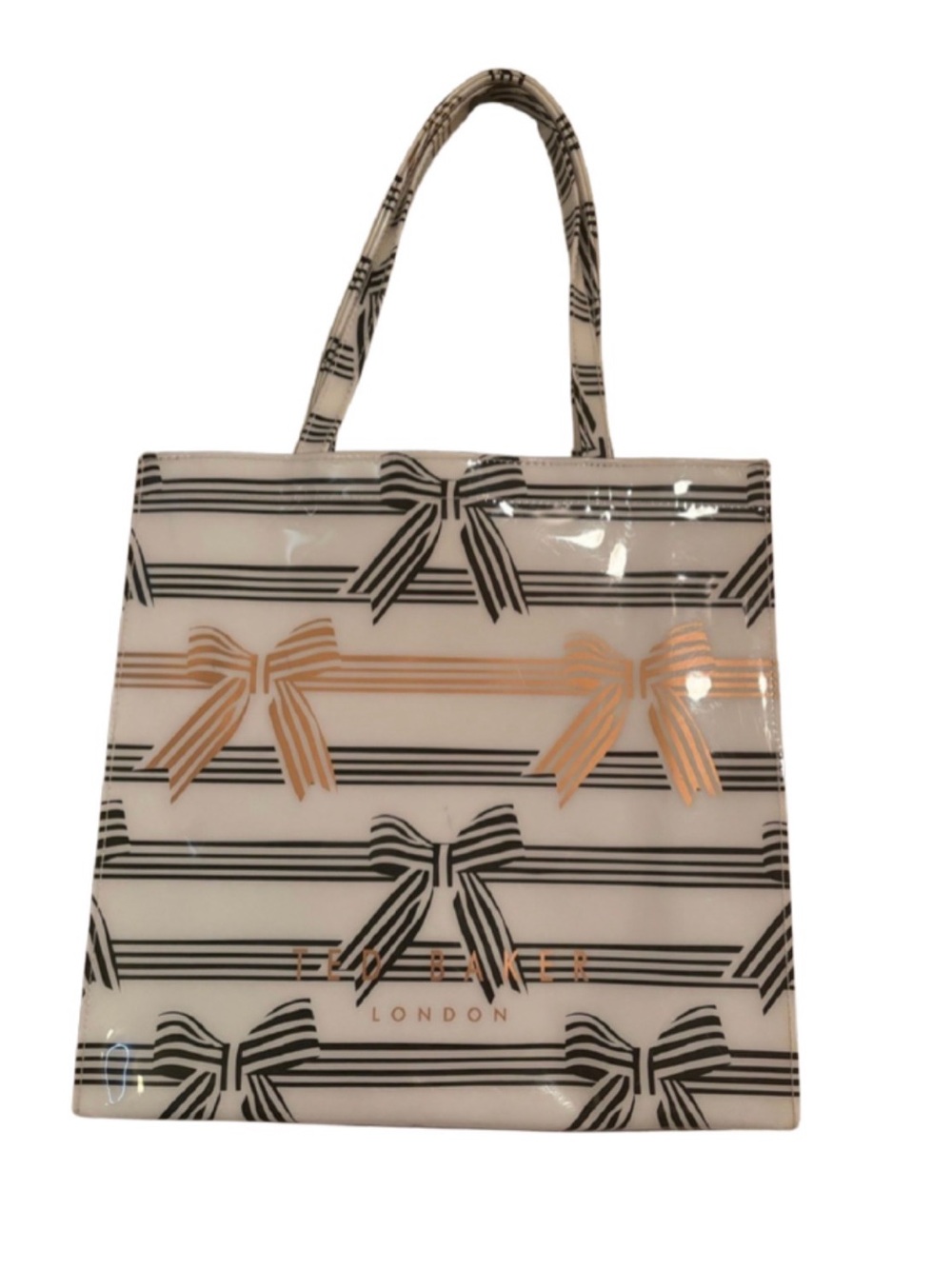 TED BAKER- White Hard Plastic Tote with Black Stripes and Gold Bow Accents